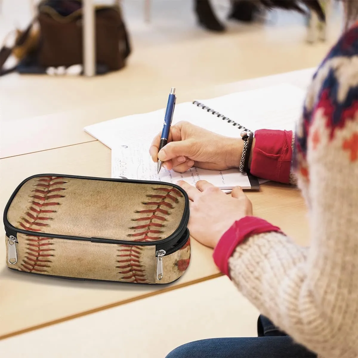 Sport Big Capacity Pencil Pen Case Old Baseball Large Pencil Pouch with Zipper Compartments Pencil Bag for Boys Girls Adults Student Office School Supplies