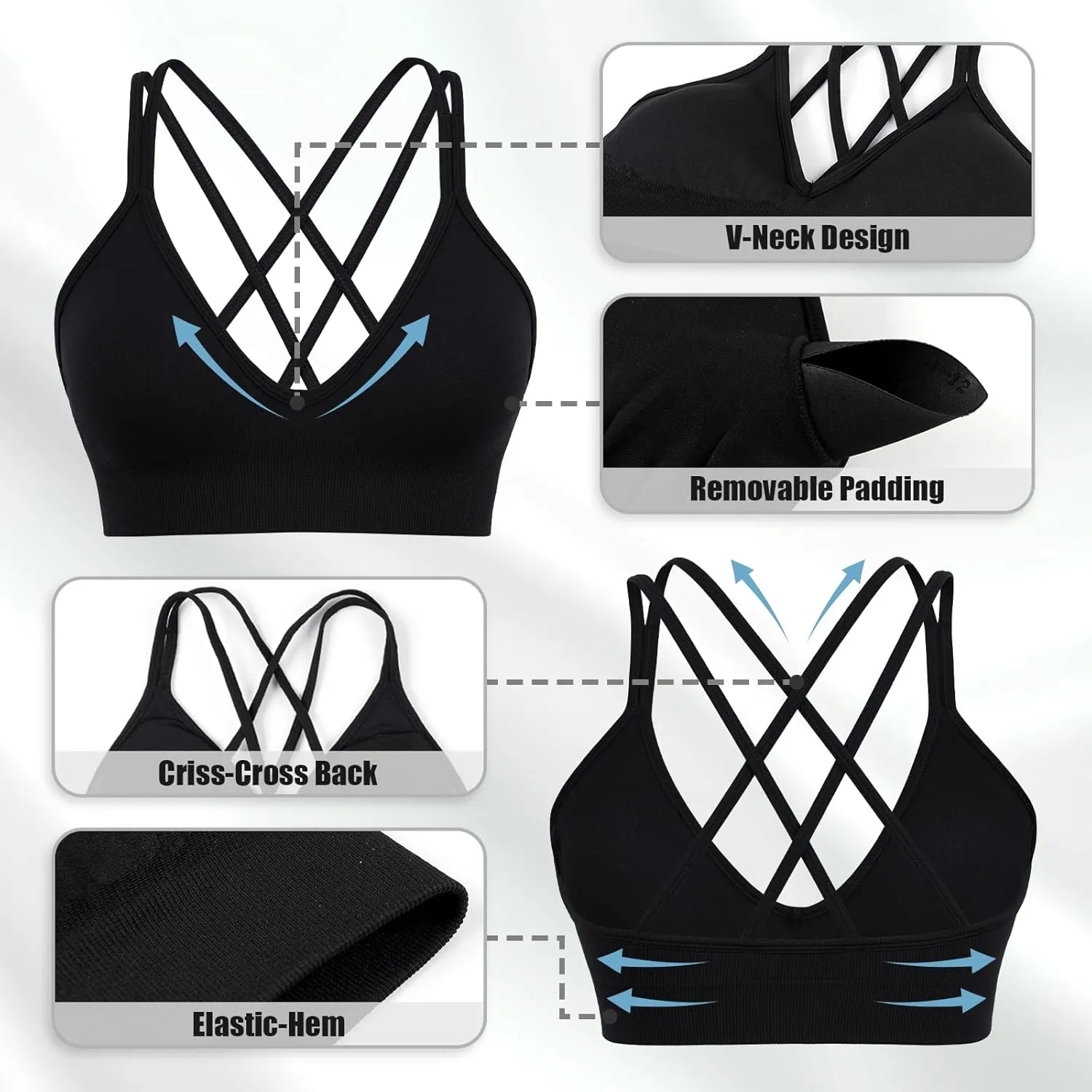 Sports Bra for Women V-Neck Strappy Criss Cross Yoga Bra Padded Medium Support Workout Gym Athletic Fitness Bras 3 Pack
