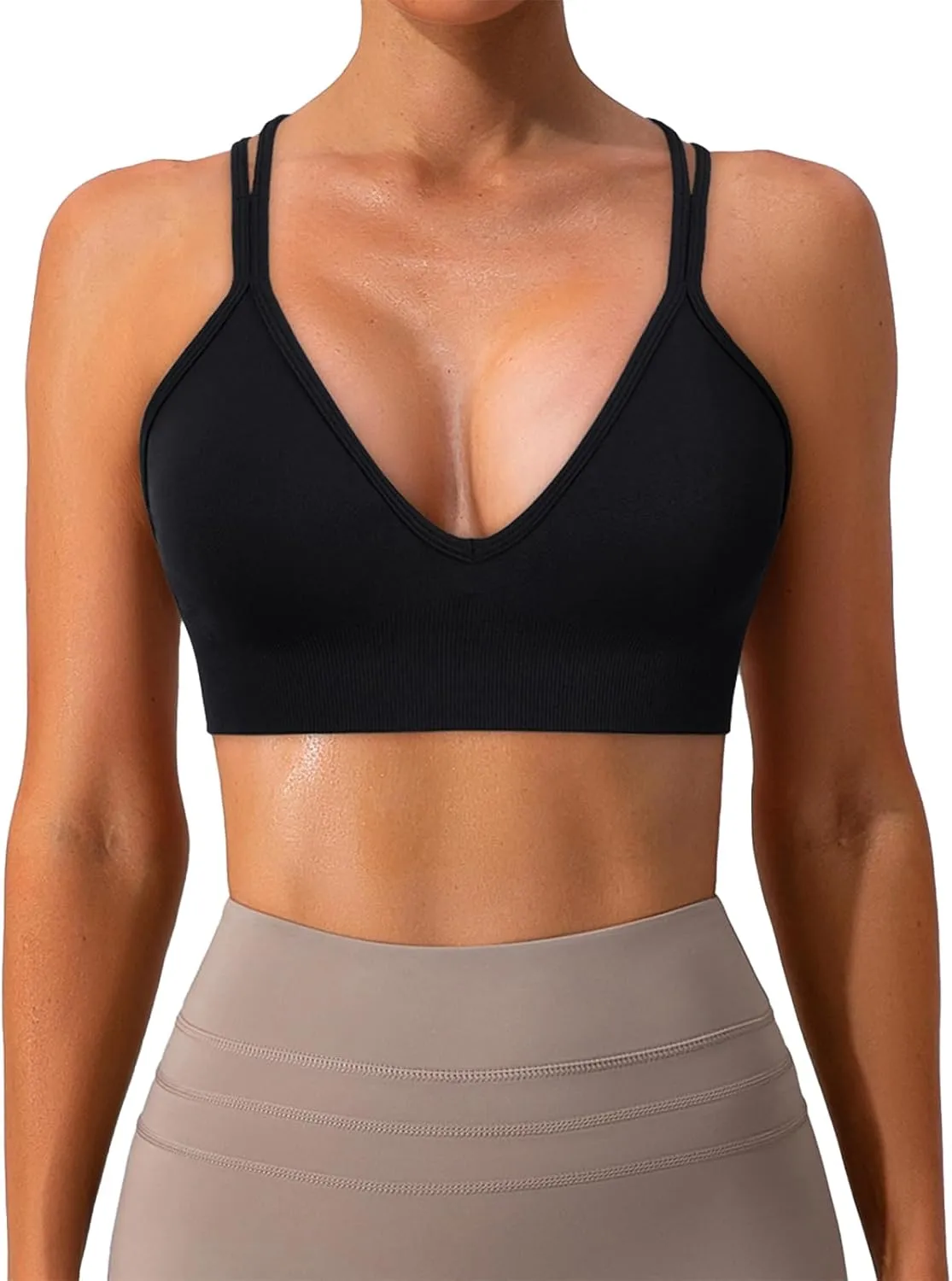 Sports Bra for Women V-Neck Strappy Criss Cross Yoga Bra Padded Medium Support Workout Gym Athletic Fitness Bras 3 Pack