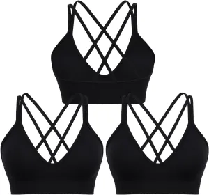 Sports Bra for Women V-Neck Strappy Criss Cross Yoga Bra Padded Medium Support Workout Gym Athletic Fitness Bras 3 Pack