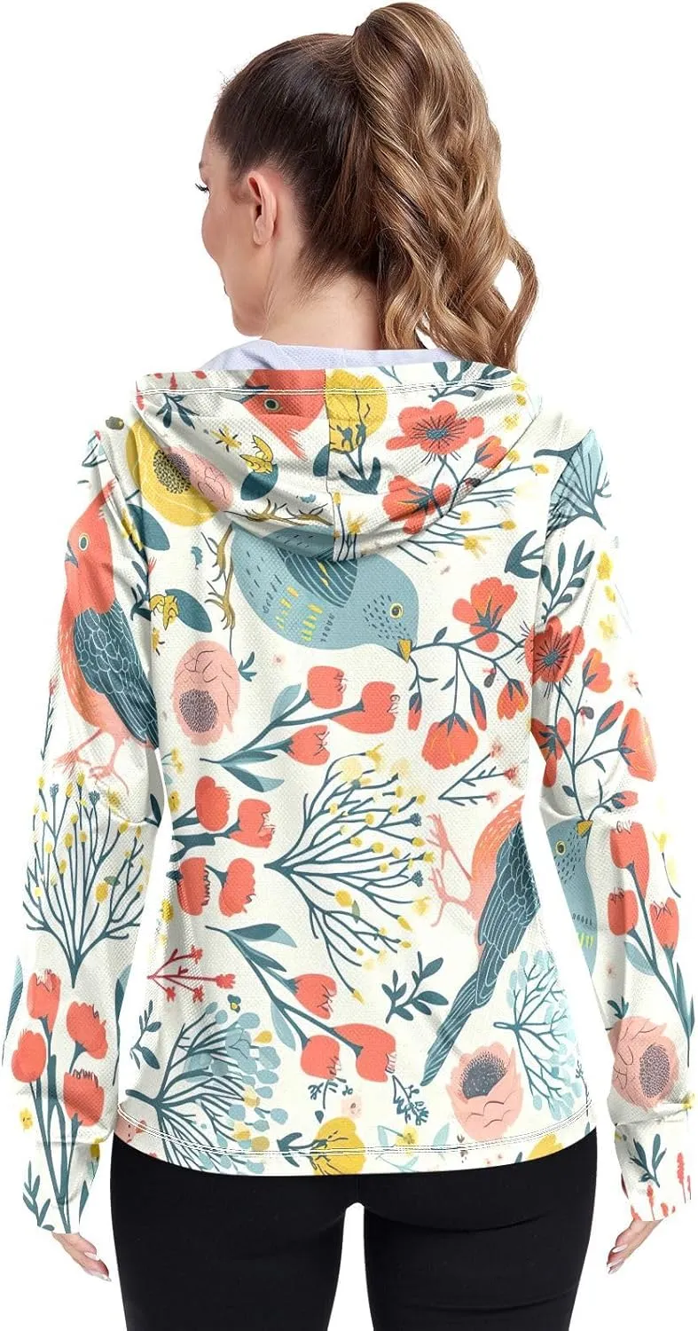Spring Floral Birds Uv Jacket Upf 50 , Long Sleeve Zip up Outdoor Clothes