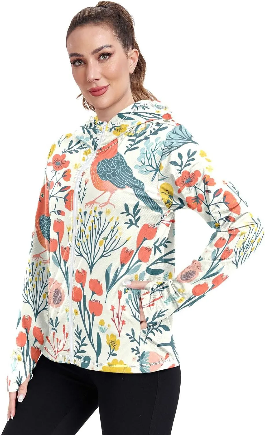 Spring Floral Birds Uv Jacket Upf 50 , Long Sleeve Zip up Outdoor Clothes