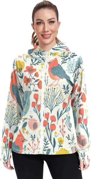 Spring Floral Birds Uv Jacket Upf 50 , Long Sleeve Zip up Outdoor Clothes