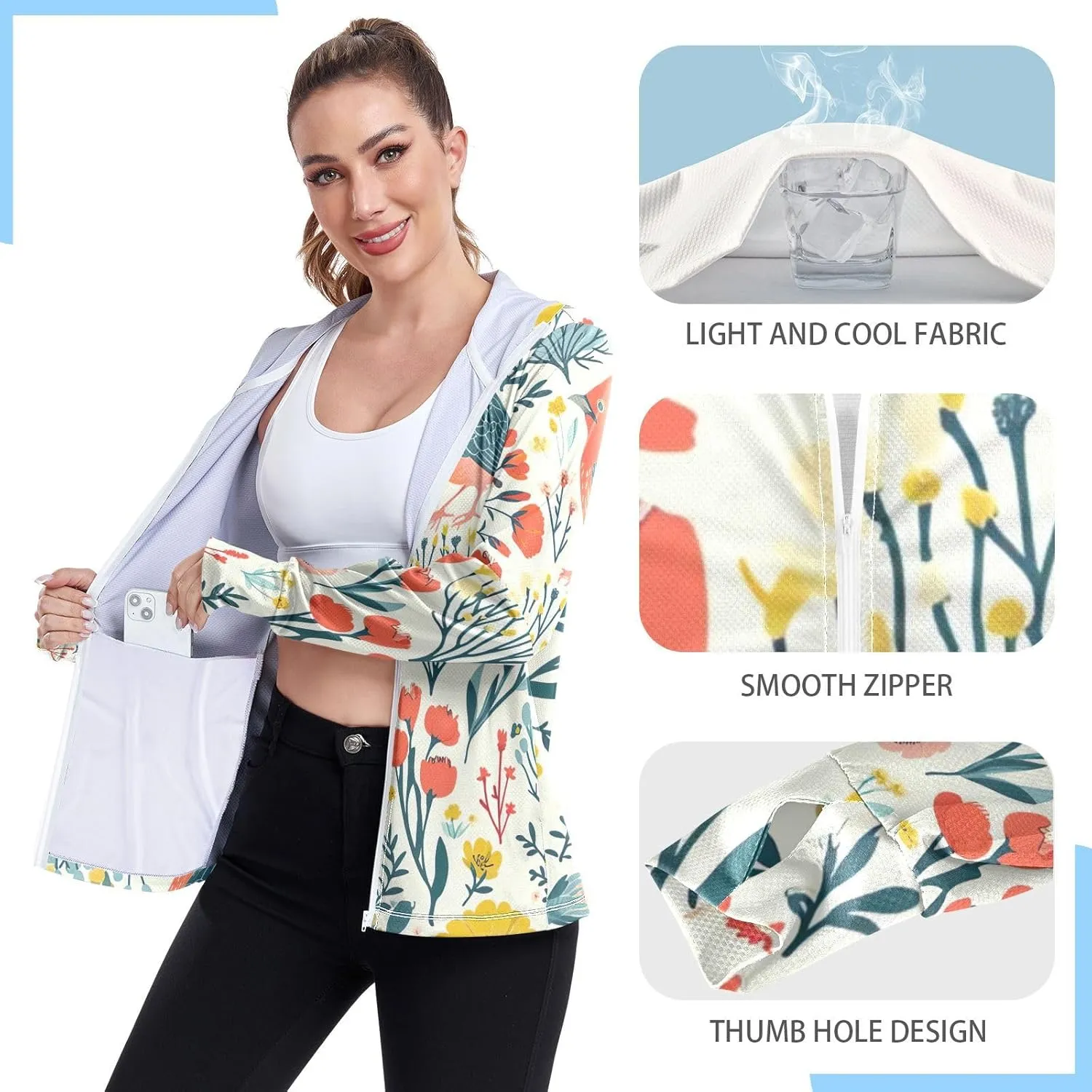 Spring Floral Birds Uv Jacket Upf 50 , Long Sleeve Zip up Outdoor Clothes