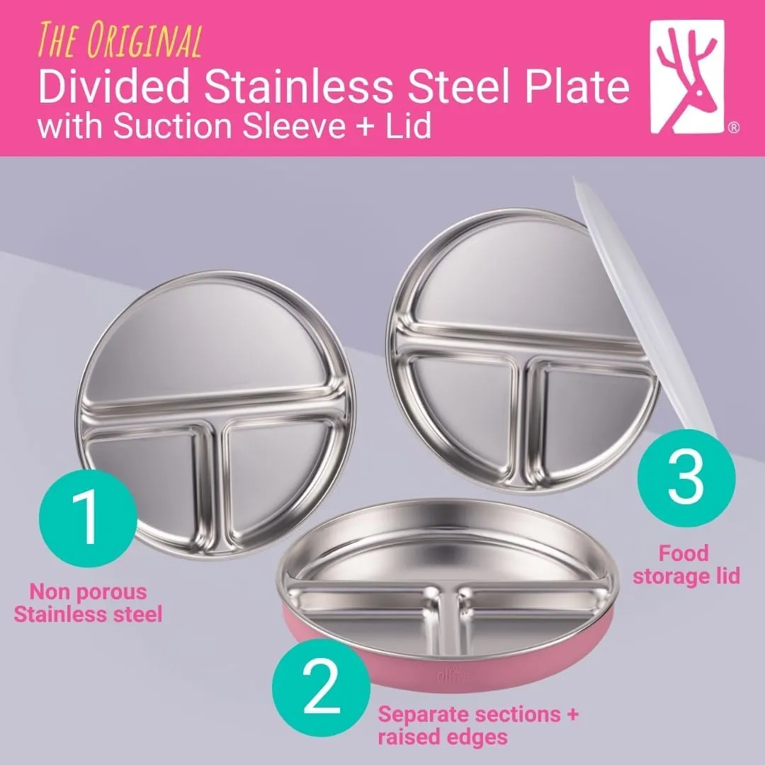Stainless Steel Divided Plates   Silicone Sleeve and Storage Lid | Baby, Toddler, Kids | Dinner & Snack Plates | 4 Pack