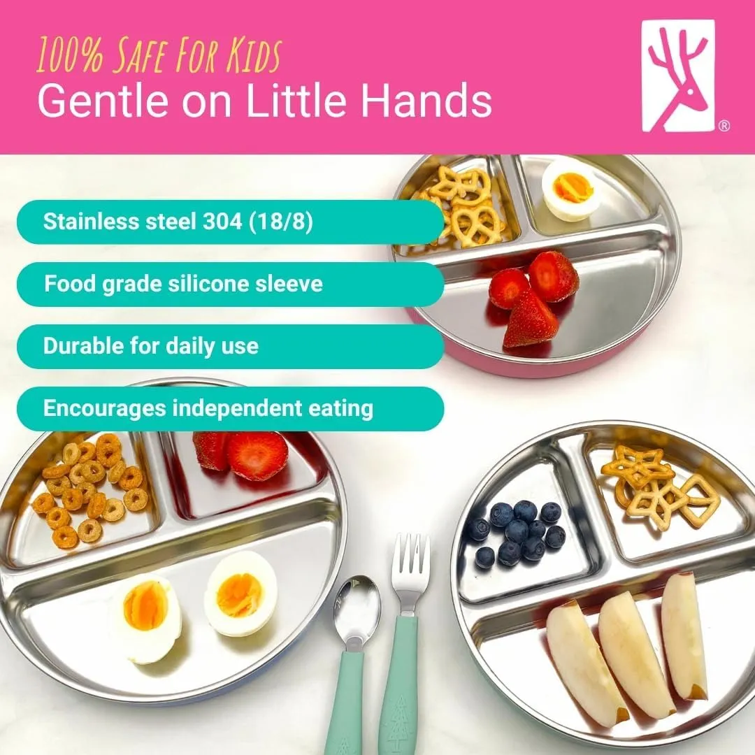 Stainless Steel Divided Plates   Silicone Sleeve and Storage Lid | Baby, Toddler, Kids | Dinner & Snack Plates | 4 Pack