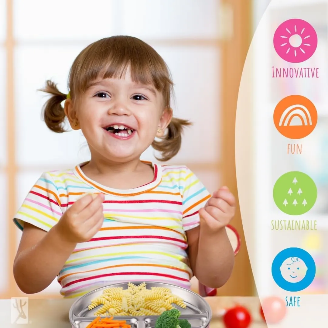 Stainless Steel Divided Plates   Silicone Sleeve and Storage Lid | Baby, Toddler, Kids | Dinner & Snack Plates | 4 Pack