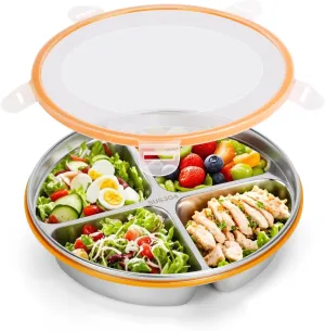 Stainless Steel Portion Control Plate with Lids, Four-Compartment Divided Plates, 9in Deep Divided Lunch Boxes with Secure Locking Plastic Lids, Reusable Camping Serving Dinner Plates