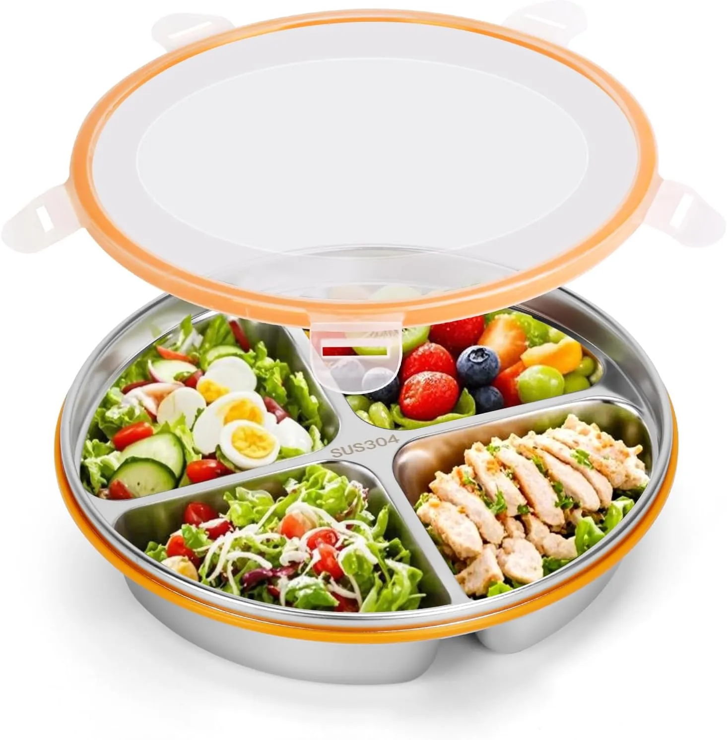 Stainless Steel Portion Control Plate with Lids, Four-Compartment Divided Plates, 9in Deep Divided Lunch Boxes with Secure Locking Plastic Lids, Reusable Camping Serving Dinner Plates