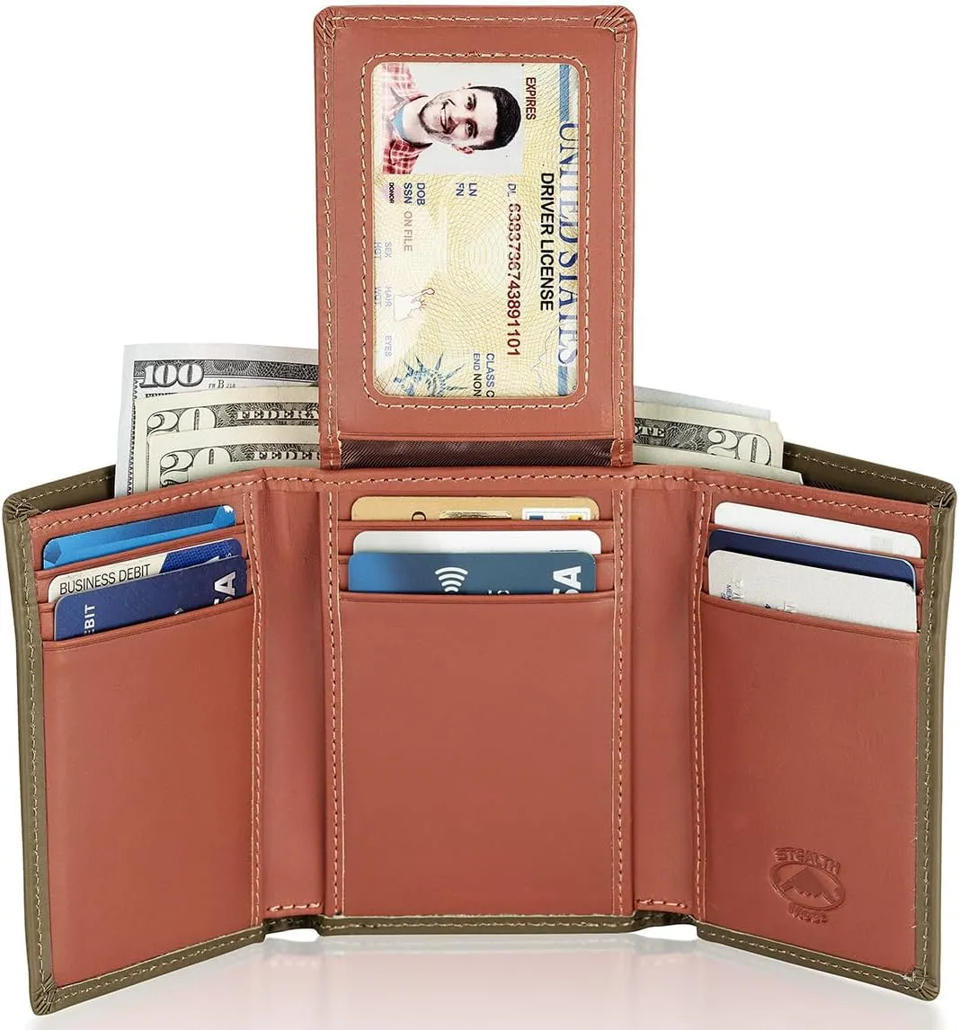 Stealth Mode Trifold Wallet - RFID Blocking Wallet with Flip ID Holder - Leather Case for Money, Credit Cards - Mens Organizer, Divided Billfold, Identity Protection - Men's Gifts (Camo)