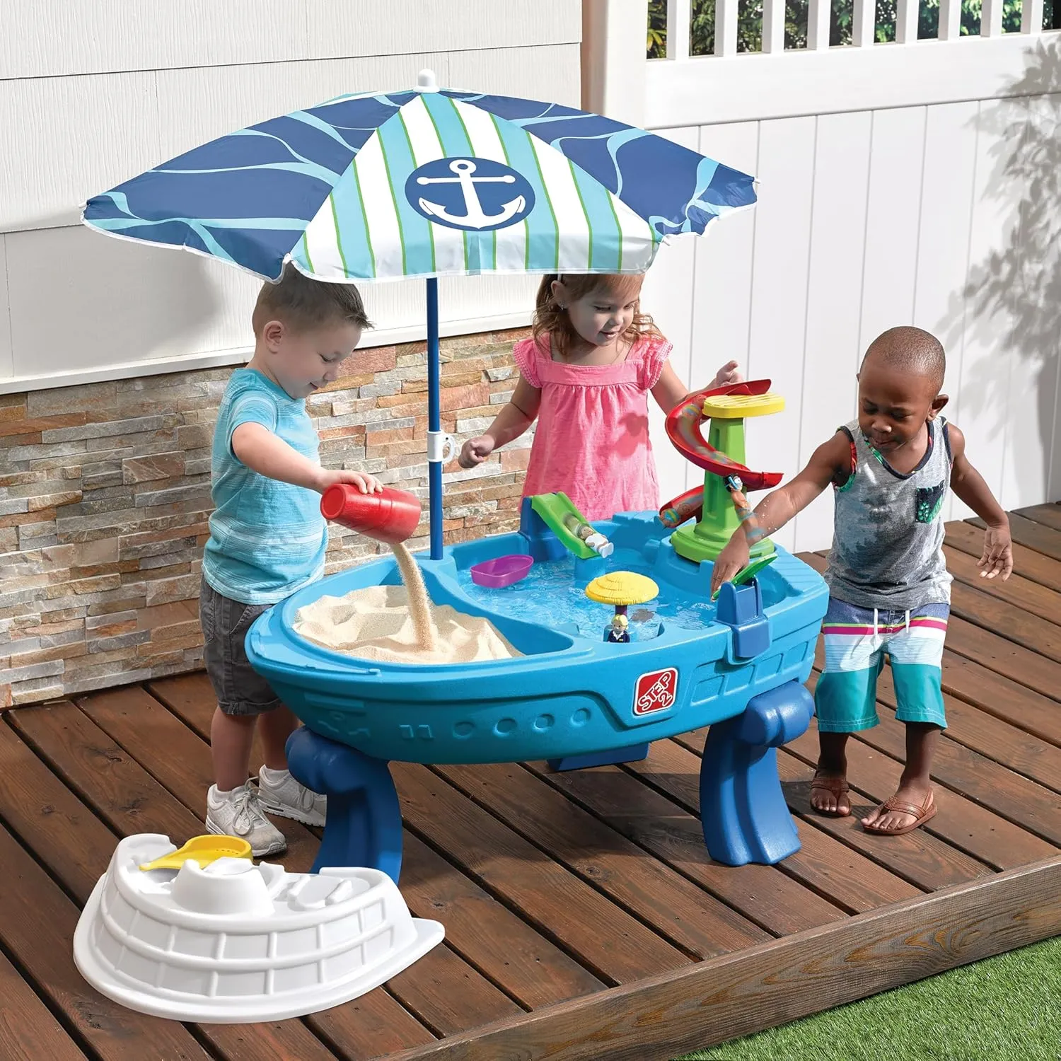 Step2 Fiesta Cruise Sand & Water Table with Umbrella, Kids Activity Sensory Playset, Summer Outdoor Toys, 10 Piece Water Toy Accessories, for Toddlers 2  Years Old