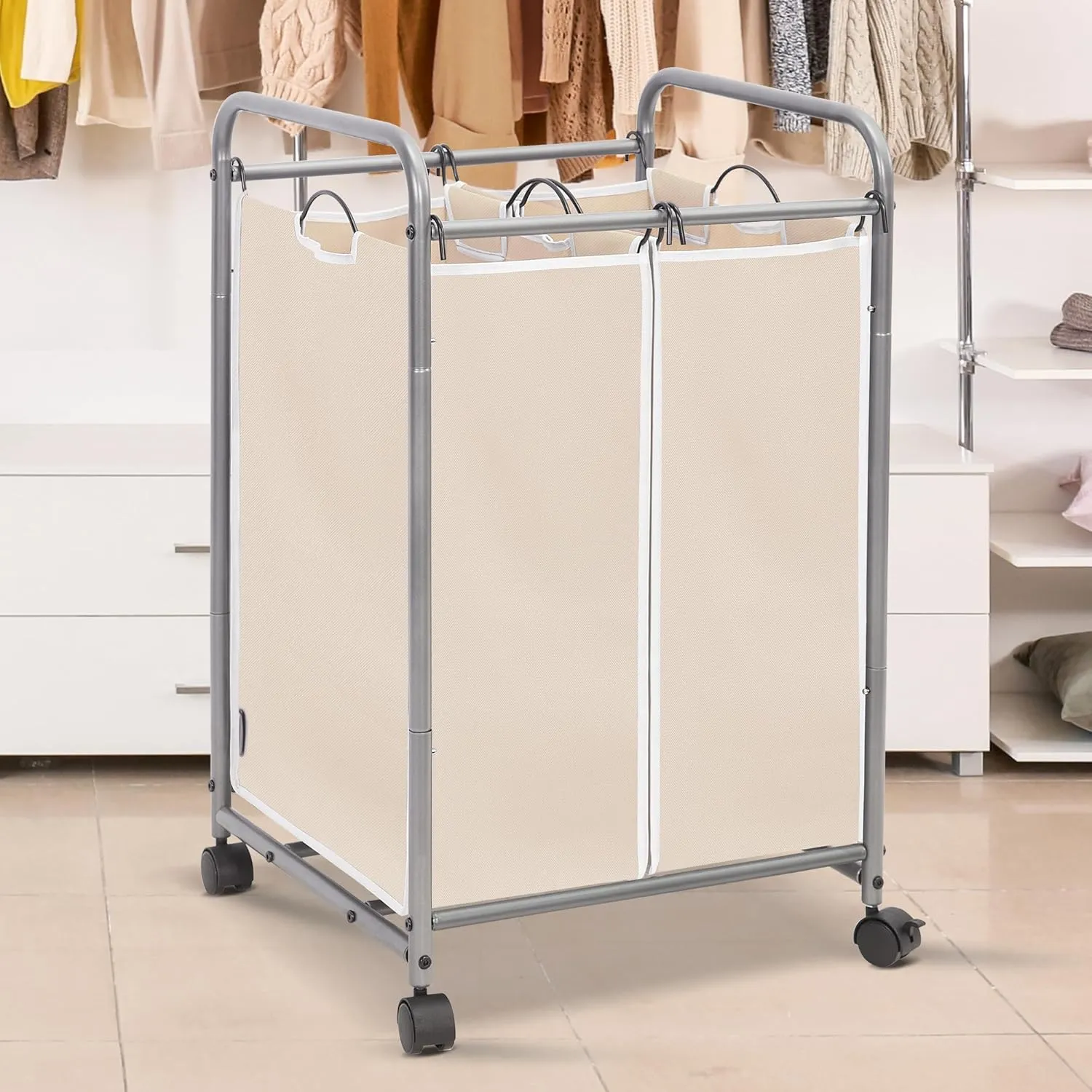 STORAGE MANIAC 2 Section Laundry Sorter - 90L Hamper with Wheels, Organizer, Beige