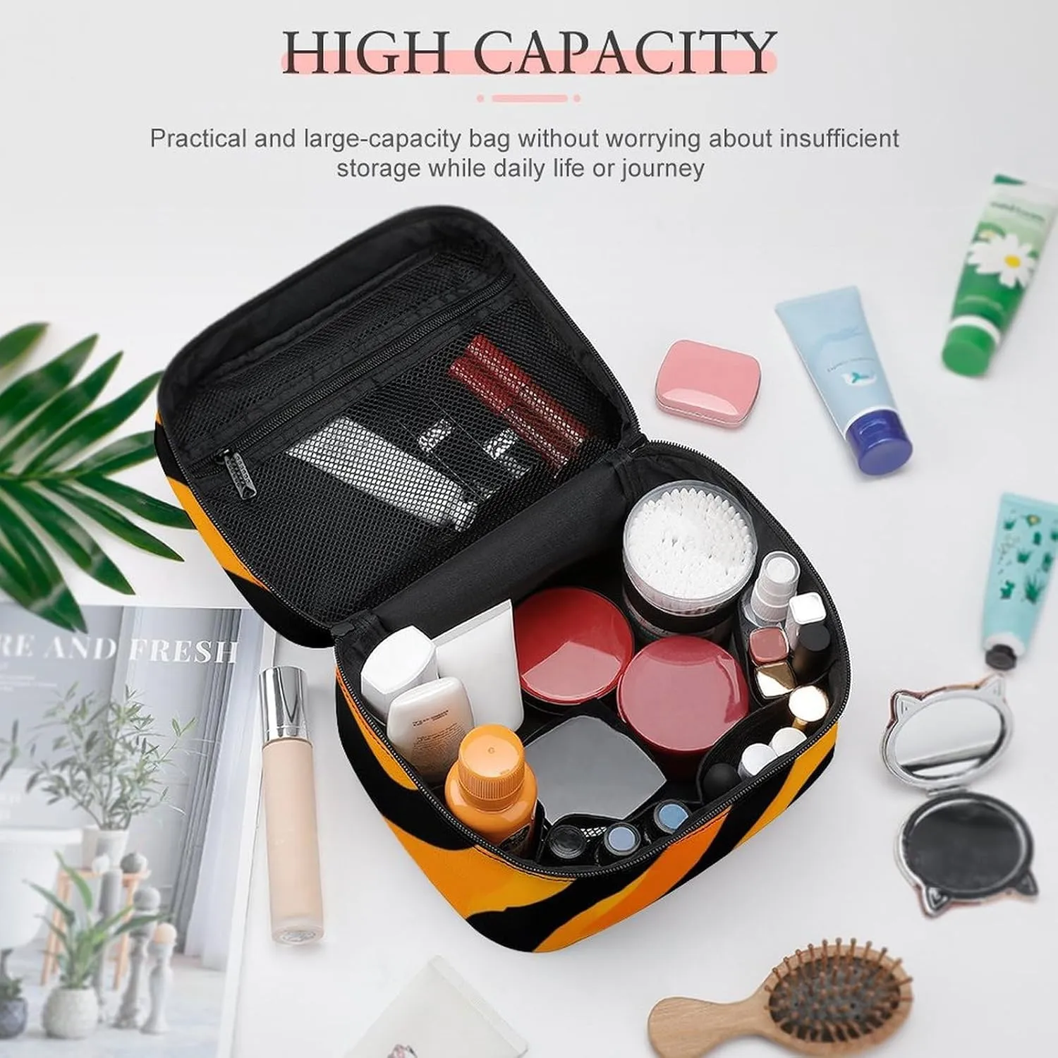 Stylish Cosmetic Bag for Women, Travel Toiletry Storage Bag with with Zipper Pouch Cool Animal Print Tiger Stripes Makeup Organizer Case