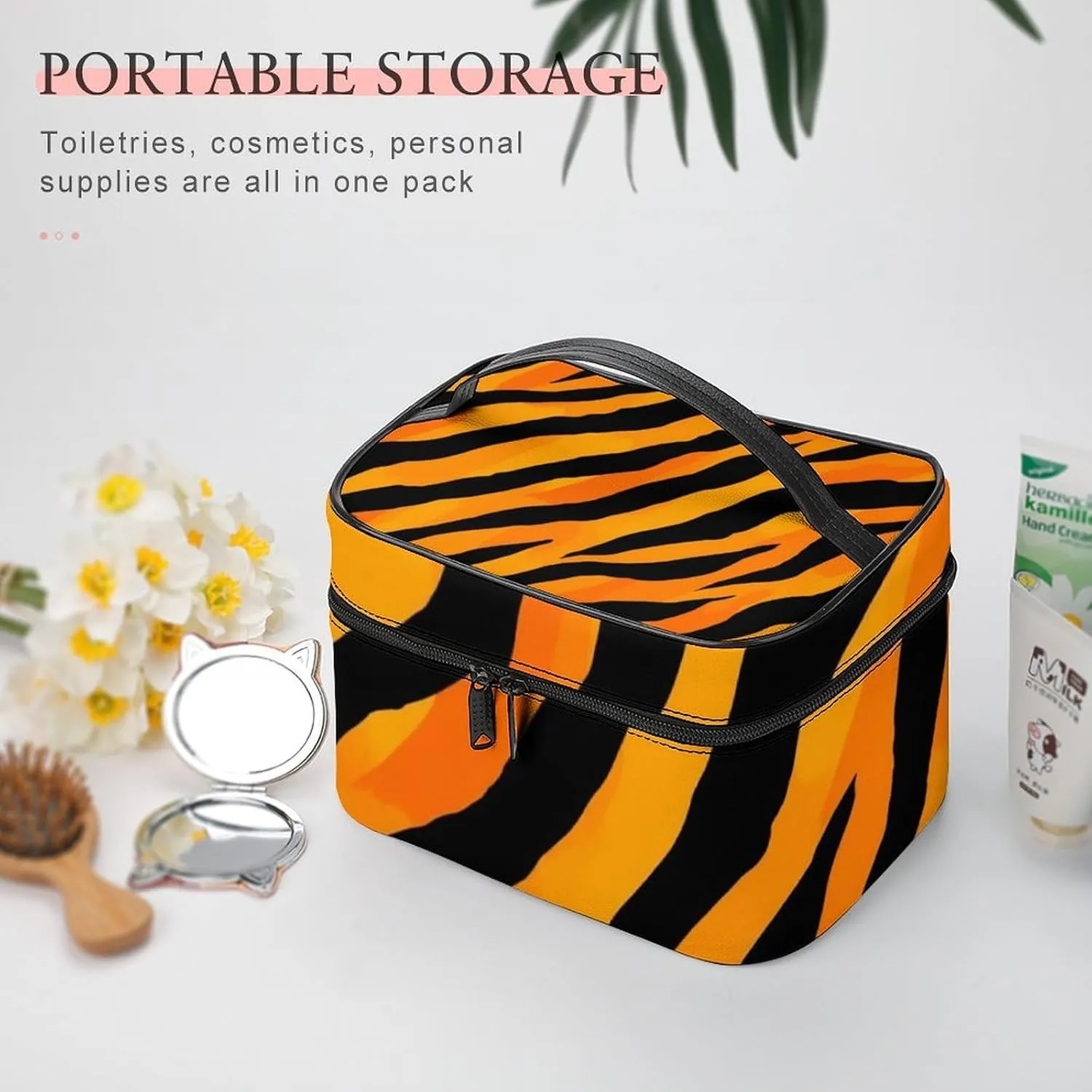 Stylish Cosmetic Bag for Women, Travel Toiletry Storage Bag with with Zipper Pouch Cool Animal Print Tiger Stripes Makeup Organizer Case