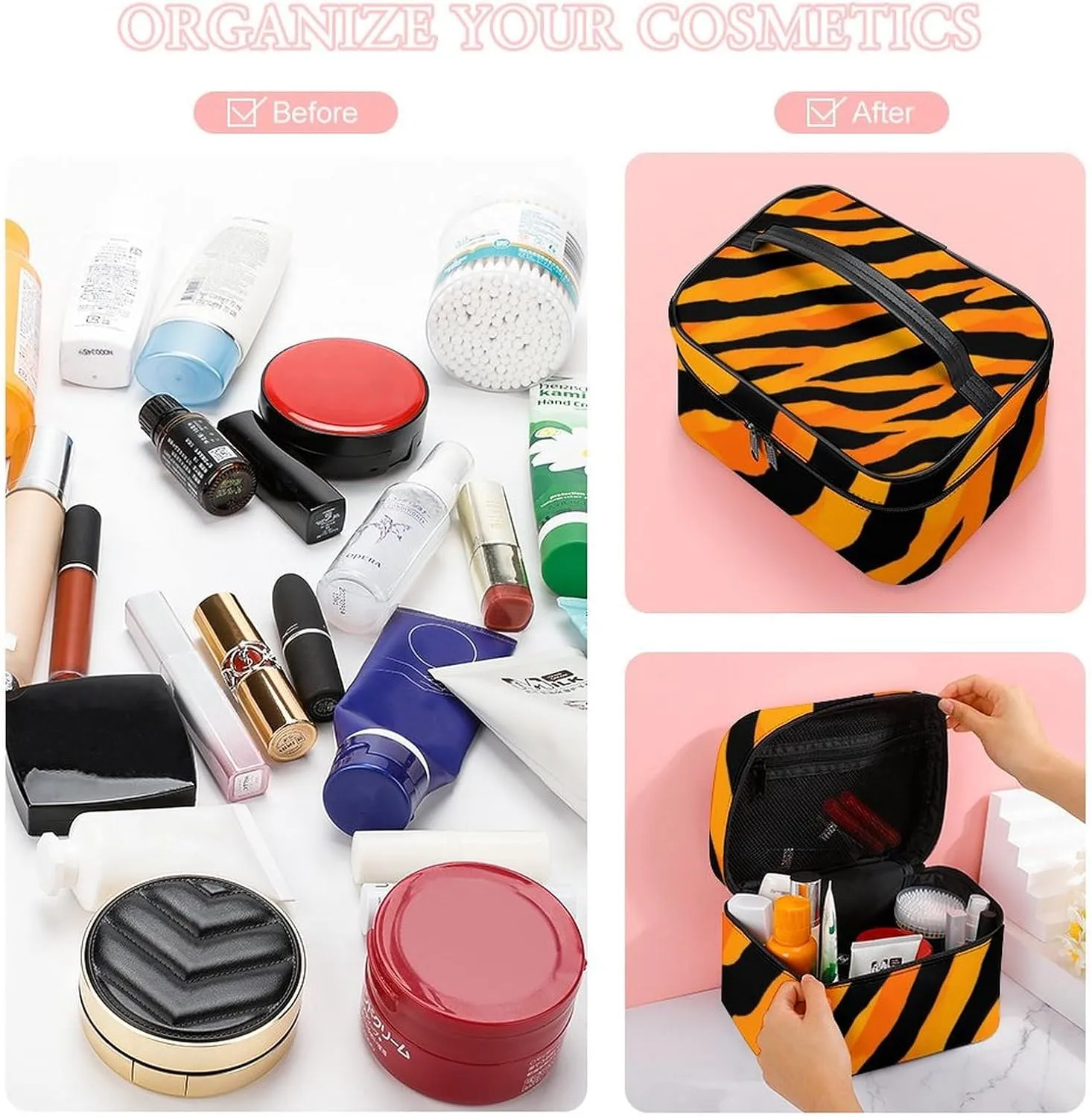 Stylish Cosmetic Bag for Women, Travel Toiletry Storage Bag with with Zipper Pouch Cool Animal Print Tiger Stripes Makeup Organizer Case