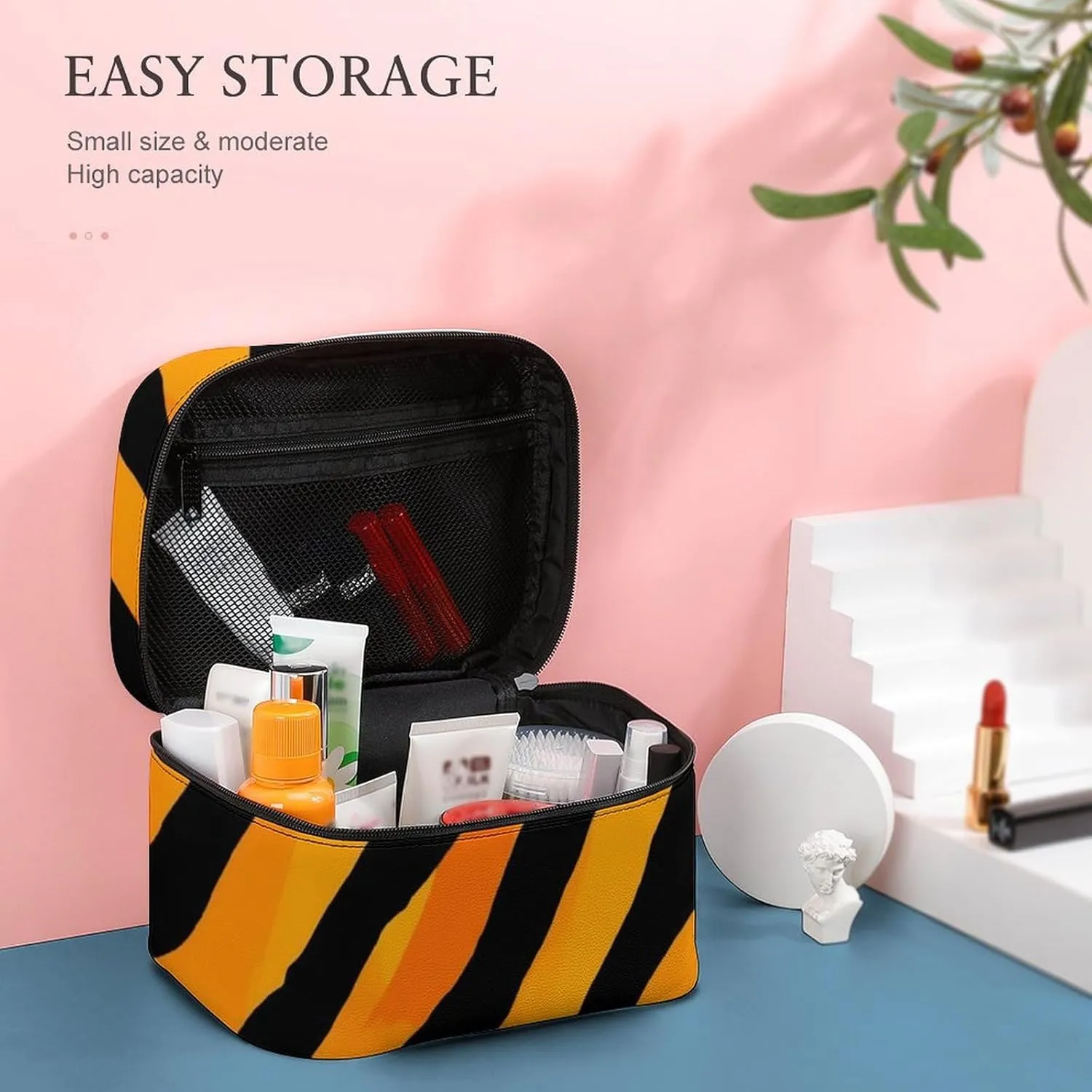 Stylish Cosmetic Bag for Women, Travel Toiletry Storage Bag with with Zipper Pouch Cool Animal Print Tiger Stripes Makeup Organizer Case