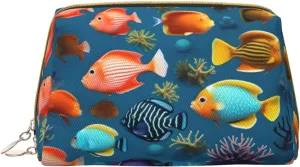 Submarine reef fish Portable leather cosmetic bag, travel carry-on cosmetic bag with pocket, large capacity cosmetic storage bag,
