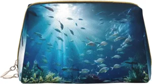 submarine world Leather cosmetic bag with pockets, portable travel cosmetic bag, large capacity cosmetic storage bag,