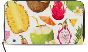 Summer Seamless Cocktail Party with Coconut Pineapple Pitaya Leather Long Wallet Organizer with Zipper Purse Clutch Bag for Women Men Key Card Coin Passport Checkbook 8 x 4 inch