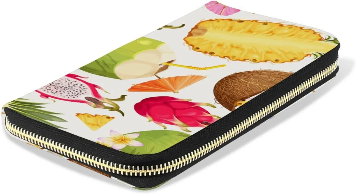 Summer Seamless Cocktail Party with Coconut Pineapple Pitaya Leather Long Wallet Organizer with Zipper Purse Clutch Bag for Women Men Key Card Coin Passport Checkbook 8 x 4 inch