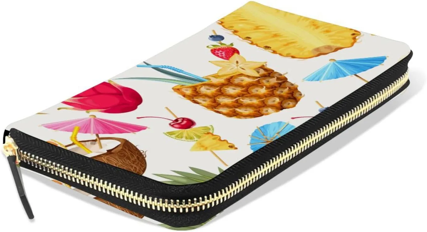 Summer Seamless Cocktail Party with Coconut Pineapple Pitaya Leather Long Wallet Organizer with Zipper Purse Clutch Bag for Women Men Key Card Coin Passport Checkbook 8 x 4 inch
