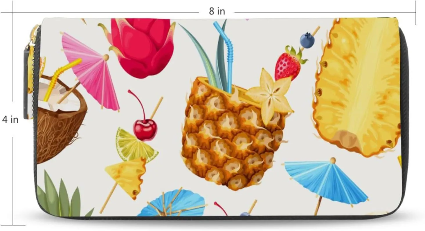 Summer Seamless Cocktail Party with Coconut Pineapple Pitaya Leather Long Wallet Organizer with Zipper Purse Clutch Bag for Women Men Key Card Coin Passport Checkbook 8 x 4 inch