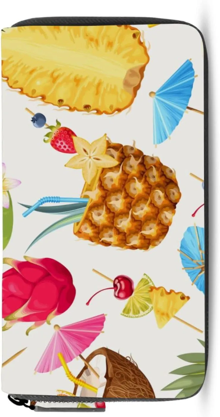 Summer Seamless Cocktail Party with Coconut Pineapple Pitaya Leather Long Wallet Organizer with Zipper Purse Clutch Bag for Women Men Key Card Coin Passport Checkbook 8 x 4 inch