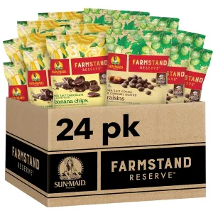 Sun-Maid Farmstand Reserve 24 Count Variety Pack - 0.8 oz Snack Bag – (12) Sea Salt Cocoa & Caramel Dusted Raisins   (12) Sea Salt Chocolate Coated Banana Chips (Amazon Exclusive)