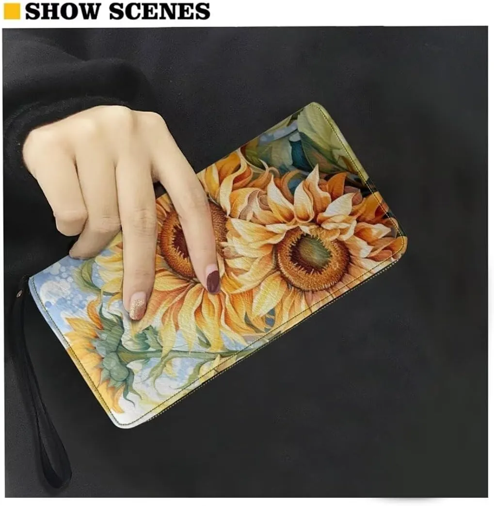 Sunflowers Wallet Purse For Women Zip Around Large Capacity Long Clutch Lightweight Casual Slim Wallet With Wristlet Strap