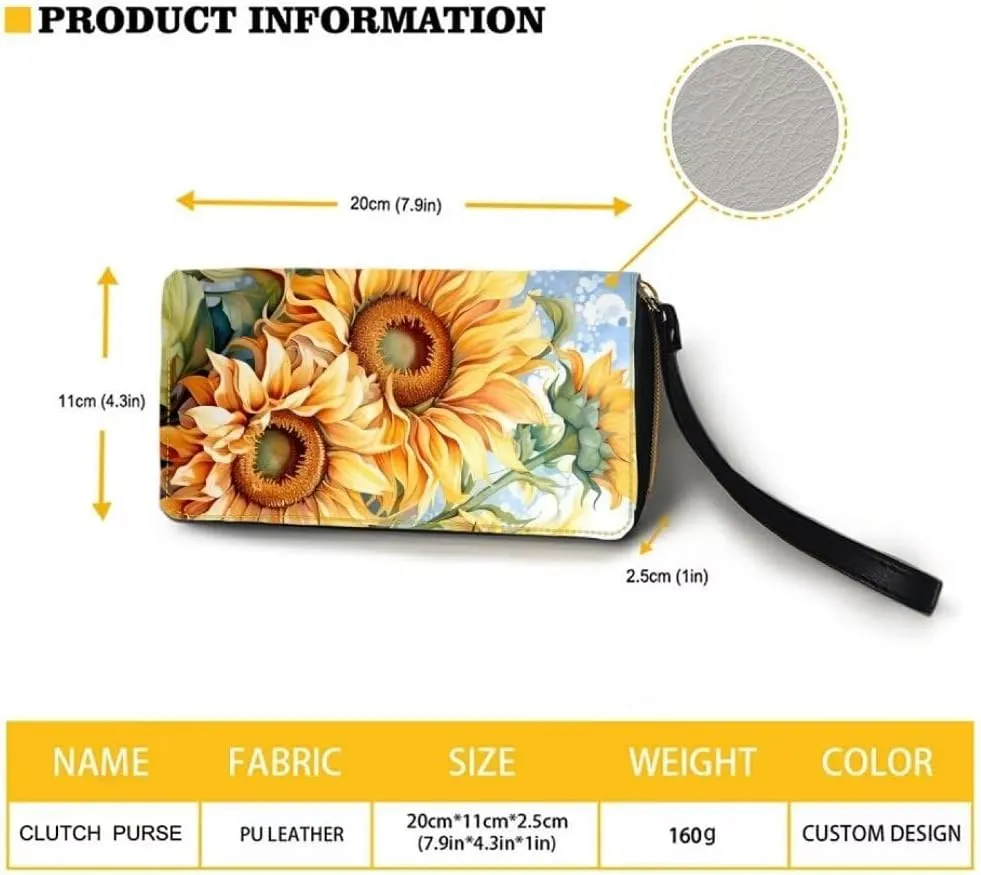 Sunflowers Wallet Purse For Women Zip Around Large Capacity Long Clutch Lightweight Casual Slim Wallet With Wristlet Strap