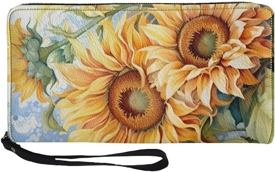 Sunflowers Wallet Purse For Women Zip Around Large Capacity Long Clutch Lightweight Casual Slim Wallet With Wristlet Strap