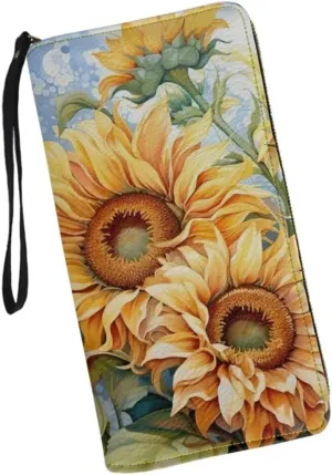 Sunflowers Wallet Purse For Women Zip Around Large Capacity Long Clutch Lightweight Casual Slim Wallet With Wristlet Strap