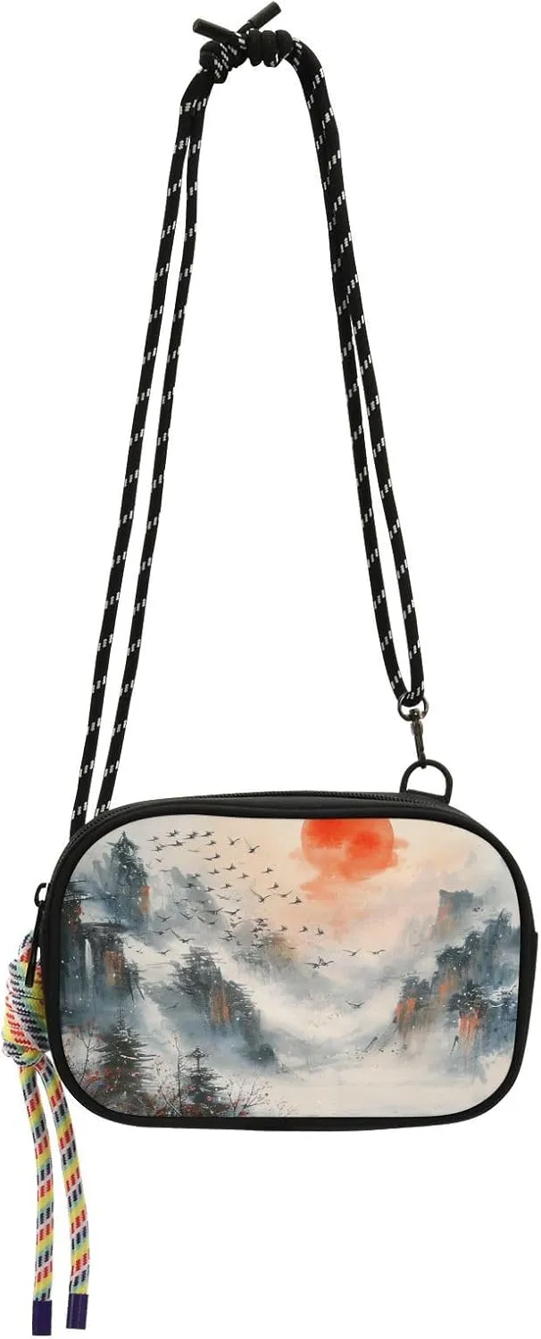 Sunset Landscape Chinese Ink Painting Womens Purses Crossbody Men Beauty with Adjustable Strap Handbags Date