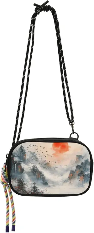 Sunset Landscape Chinese Ink Painting Womens Purses Crossbody Men Beauty with Adjustable Strap Handbags Date
