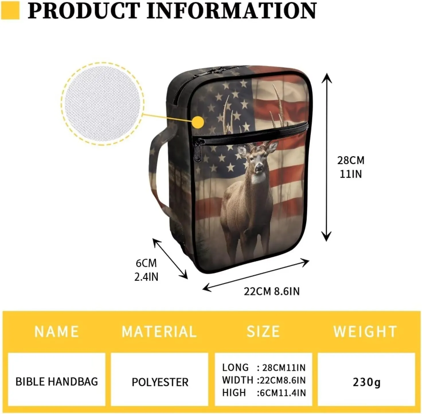 Suobstales American Flag Deer Print Bible Covers - Lightweight Bible Bag with Handle and Zippered Pocket
