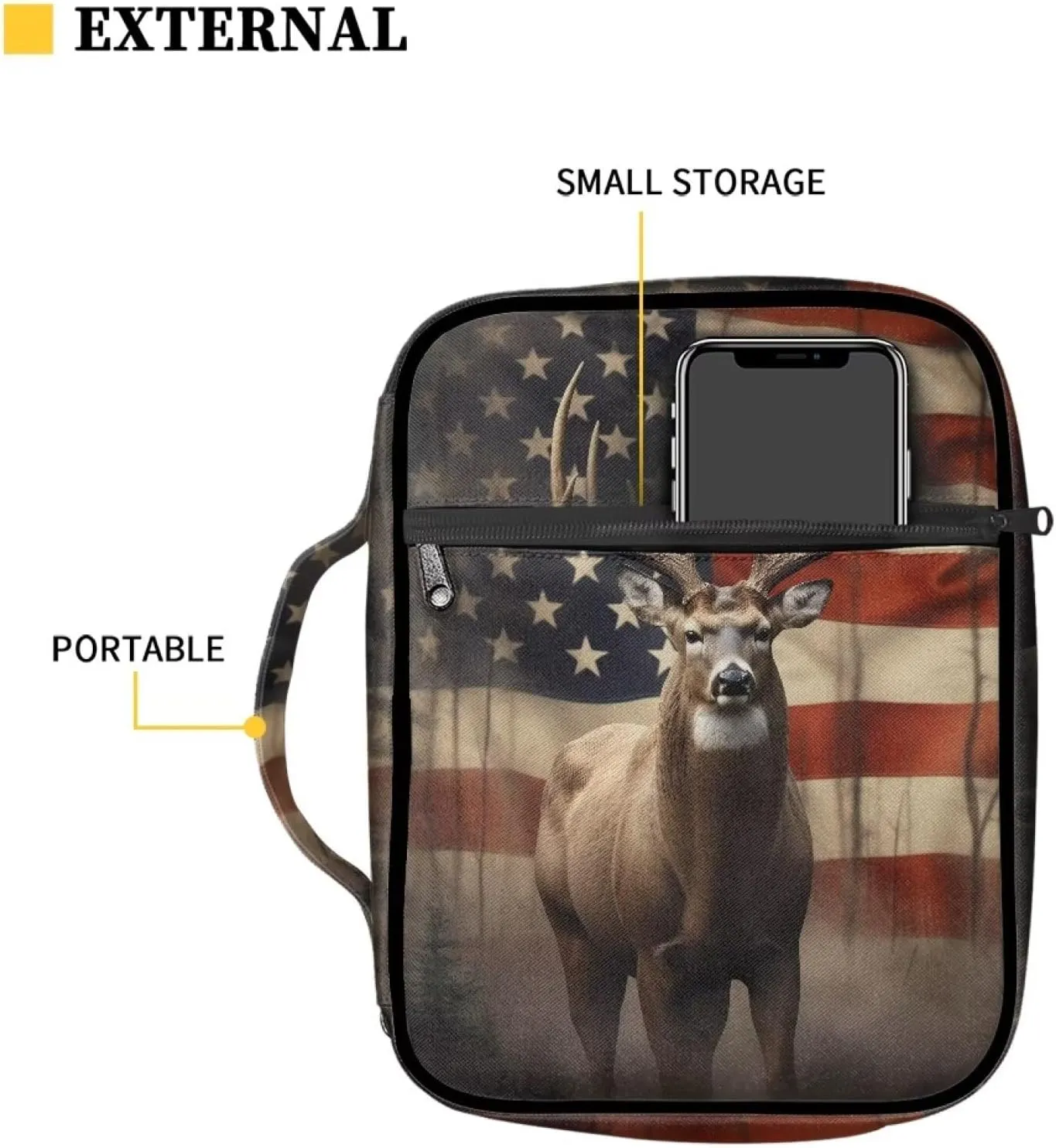 Suobstales American Flag Deer Print Bible Covers - Lightweight Bible Bag with Handle and Zippered Pocket