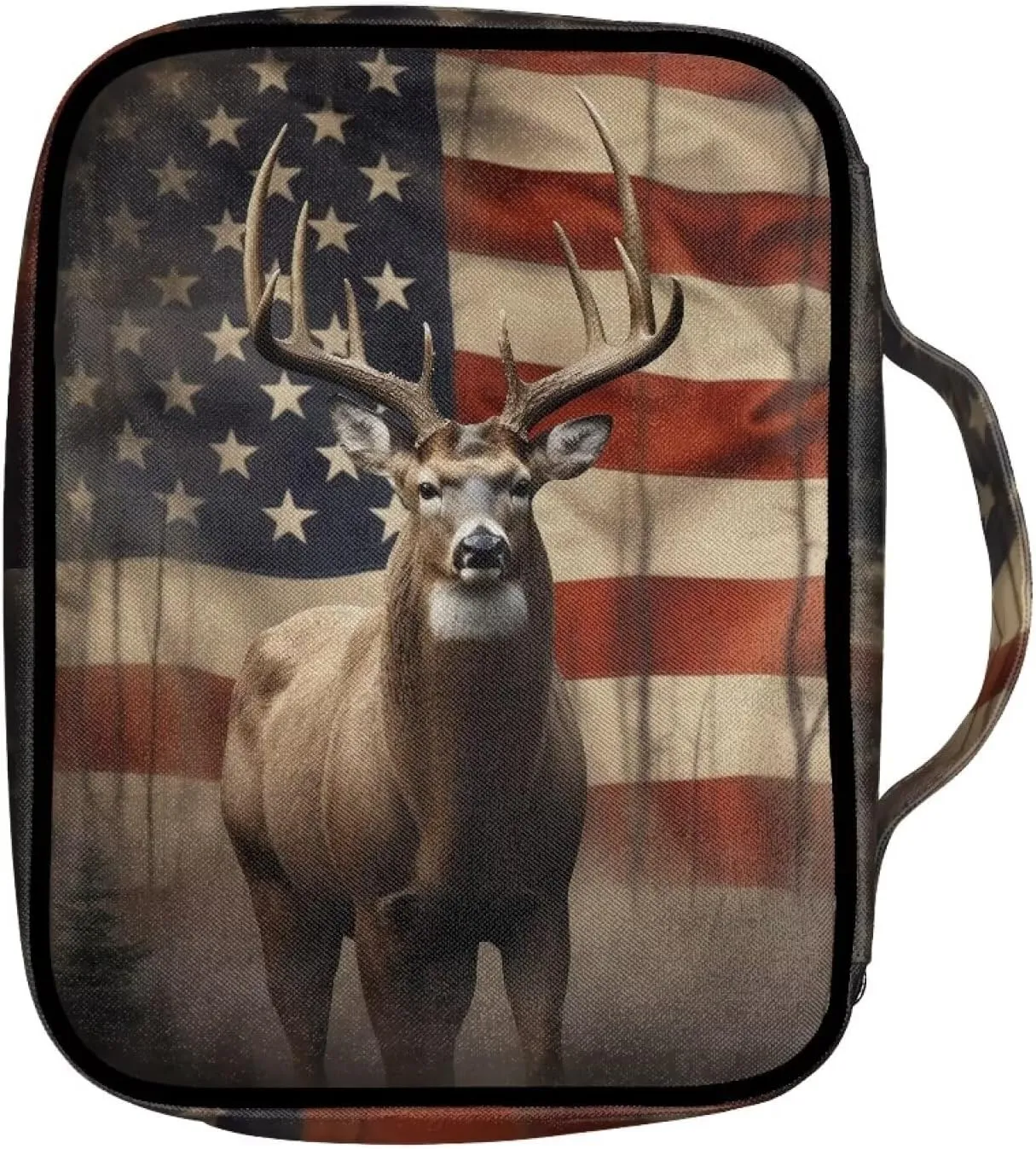 Suobstales American Flag Deer Print Bible Covers - Lightweight Bible Bag with Handle and Zippered Pocket