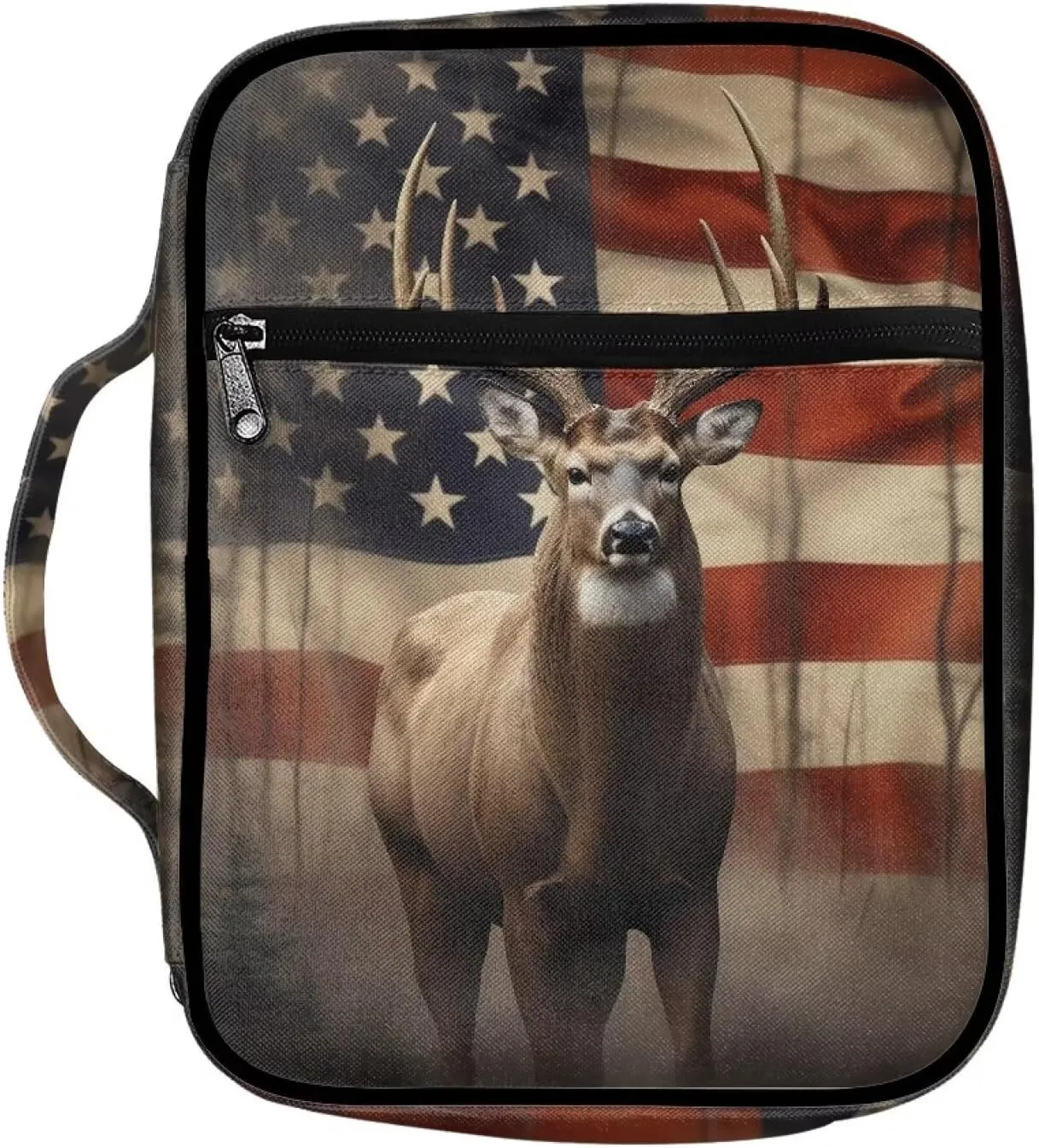 Suobstales American Flag Deer Print Bible Covers - Lightweight Bible Bag with Handle and Zippered Pocket