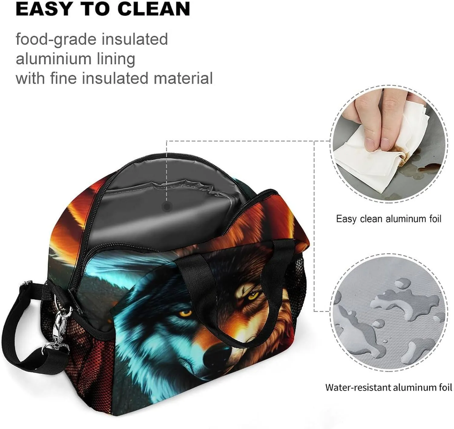 Supdreamc Lunch Bag for Adults Nurse Teacher Work Outdoor Travel Picnic - Moisture Resistant Wolf Glare Art Lunch Tote Bag Organizer Compact Sandwich Bag, Easy to Clean