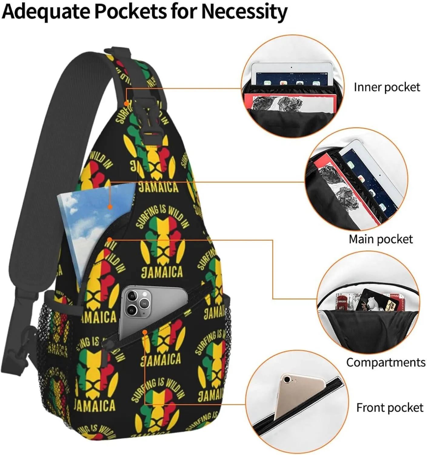 Surfing Is Wild In Jamaica Lion Cross Chest Bag Crossbody Bags Sling Backpack Gym Shoulder Bags Sports Fanny Pack Adjustable Travel Daypack Diagonally Casual Rucksack