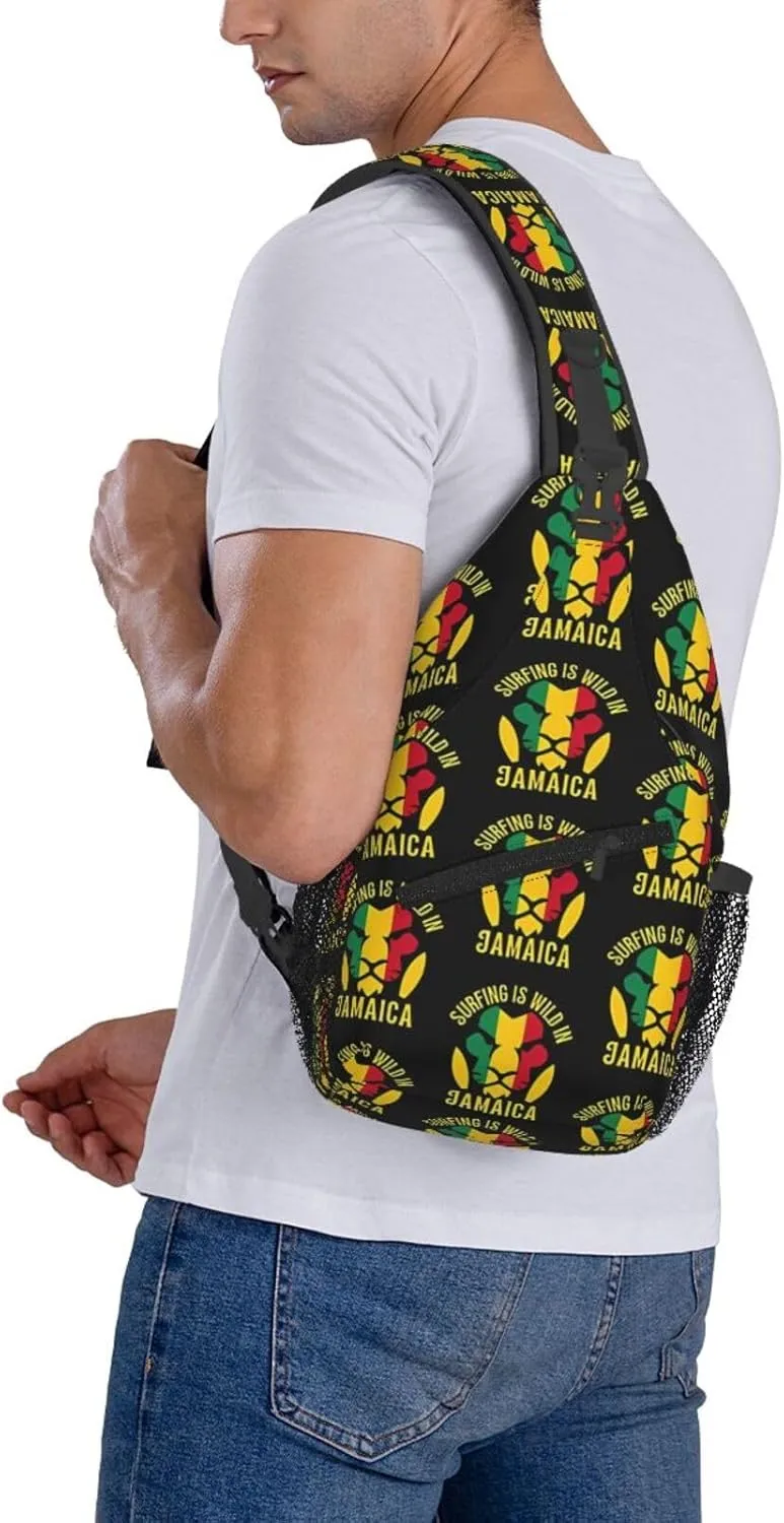 Surfing Is Wild In Jamaica Lion Cross Chest Bag Crossbody Bags Sling Backpack Gym Shoulder Bags Sports Fanny Pack Adjustable Travel Daypack Diagonally Casual Rucksack