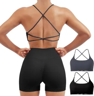 SUUKSESS Women 2 Piece Open Back Sports Bra Pack Strappy Workout Gym Yoga Crops