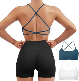 SUUKSESS Women 2 Piece Open Back Sports Bra Pack Strappy Workout Gym Yoga Crops