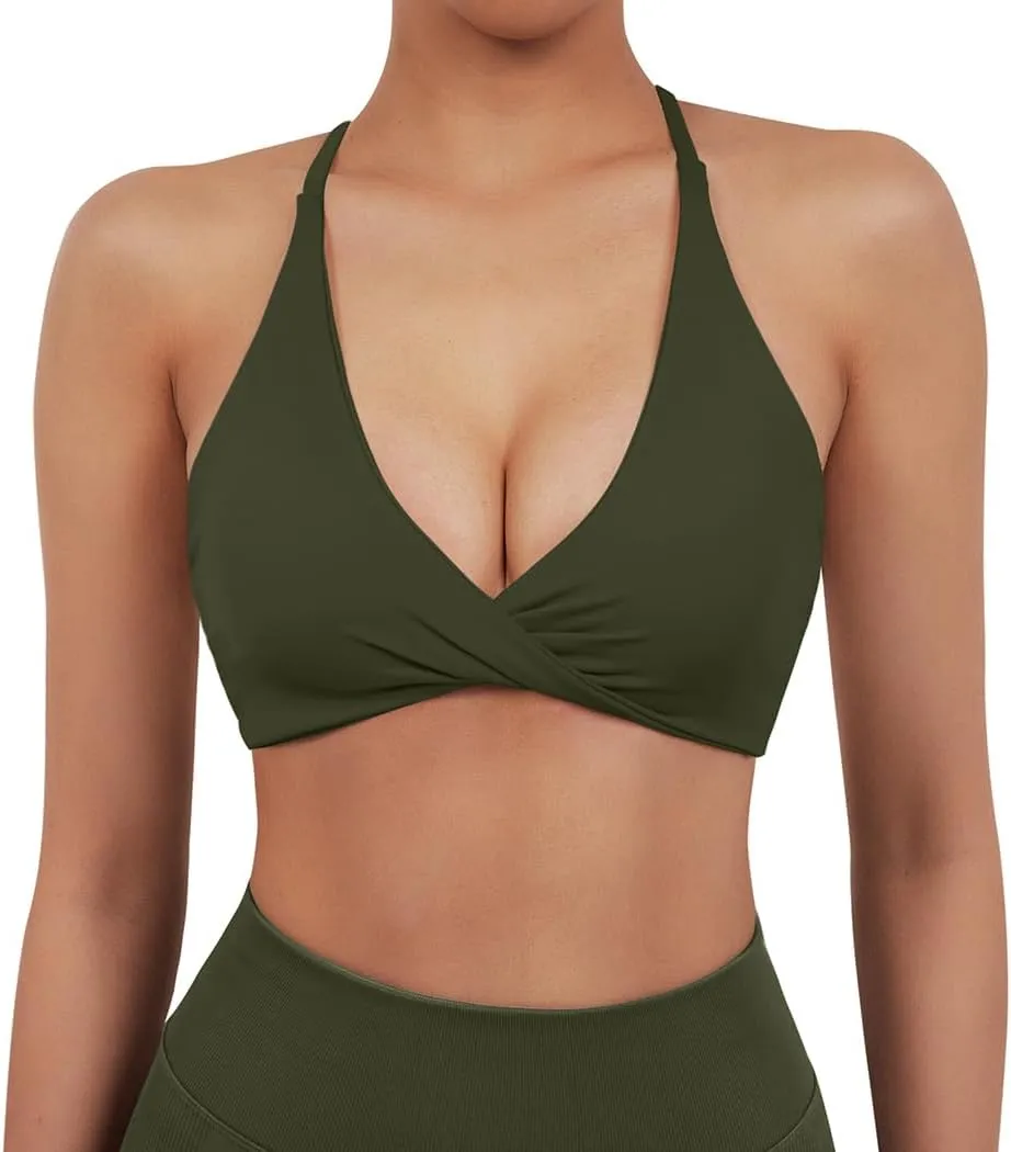 SUUKSESS Women 2 Piece Open Back Strappy Sports Bra Pack Twist V Neck Workout Crops