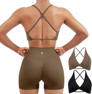 SUUKSESS Women 2 Piece Open Back Strappy Sports Bra Pack Twist V Neck Workout Crops
