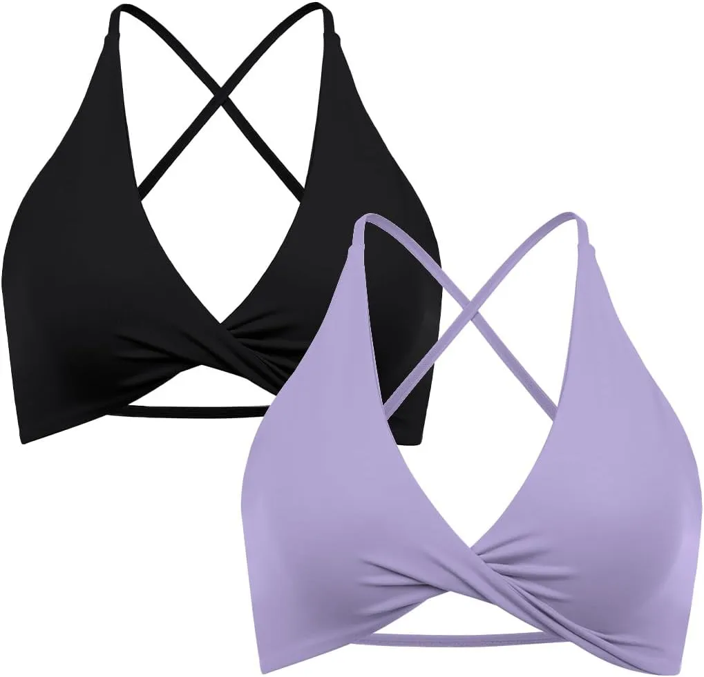 SUUKSESS Women 2 Piece Open Back Strappy Sports Bra Pack Twist V Neck Workout Crops