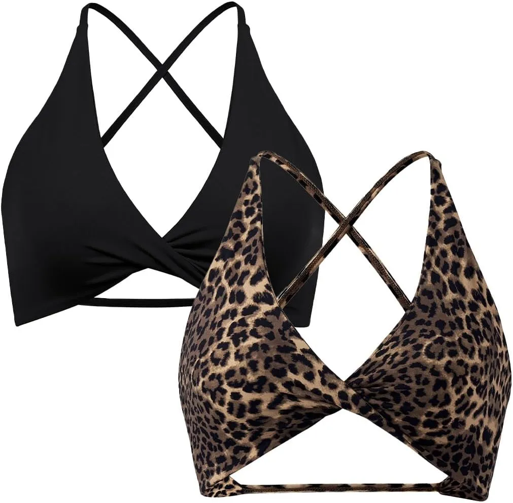 SUUKSESS Women 2 Piece Open Back Strappy Sports Bra Pack Twist V Neck Workout Crops