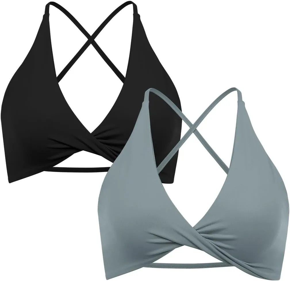 SUUKSESS Women 2 Piece Open Back Strappy Sports Bra Pack Twist V Neck Workout Crops