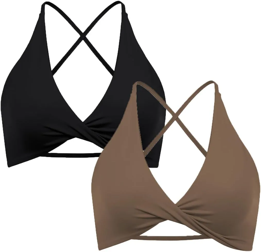 SUUKSESS Women 2 Piece Open Back Strappy Sports Bra Pack Twist V Neck Workout Crops