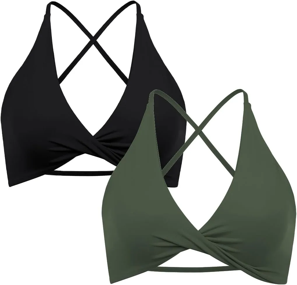 SUUKSESS Women 2 Piece Open Back Strappy Sports Bra Pack Twist V Neck Workout Crops